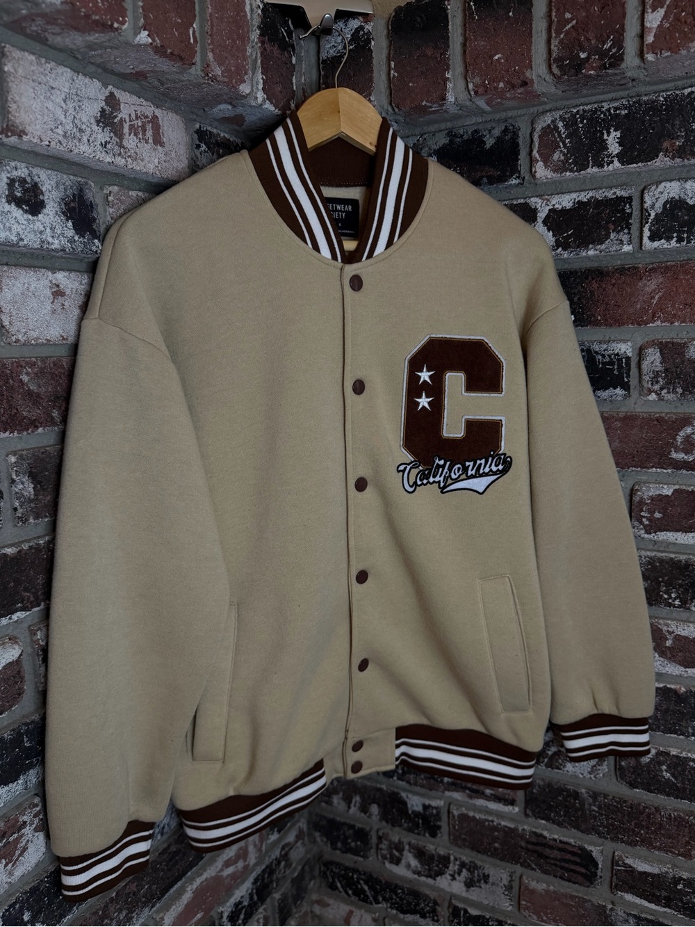 Streetwear Society California Patch Varsity Letterman Bomber Jacket Tan & Brown